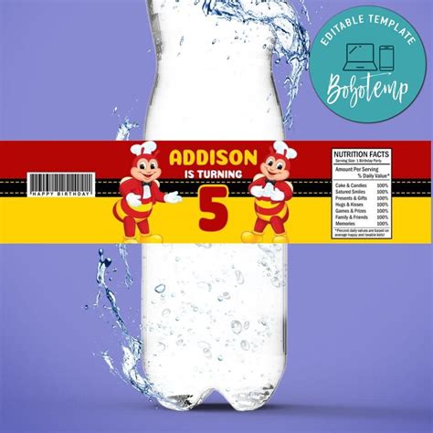 Jollibee Birthday Water Bottle Label Template Createpartylabels