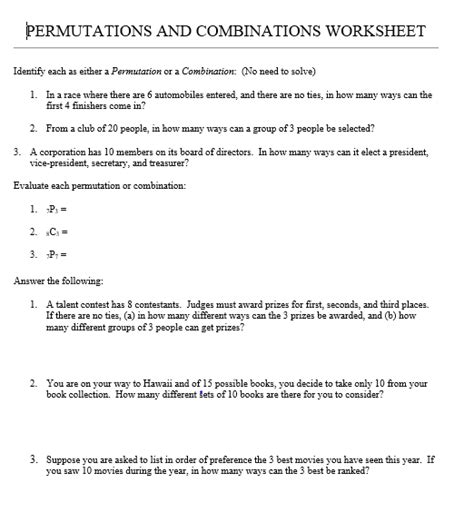 Worksheet Permutations And Combinations Combinations And Per