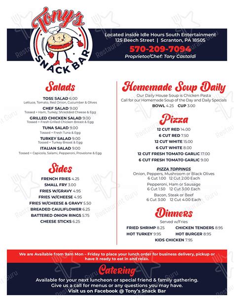 Menu at Tony's Snack Bar, Scranton