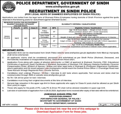 Sindh Police Jobs February Application Form Constables Drivers