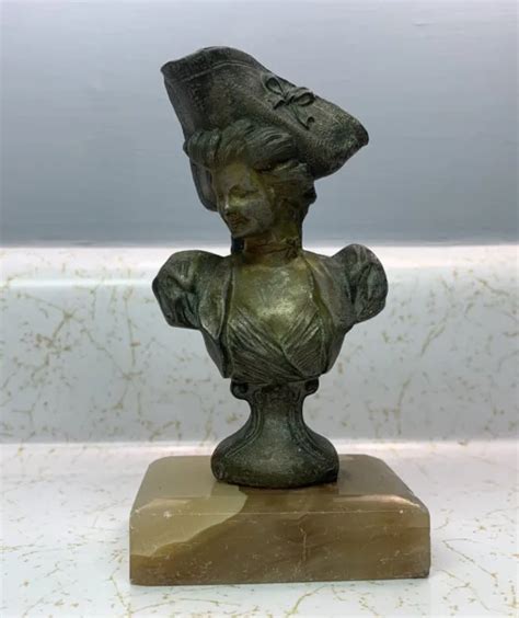 Spelter Bust On Marble Antique Art Nouveau Victorian Woman In Hat