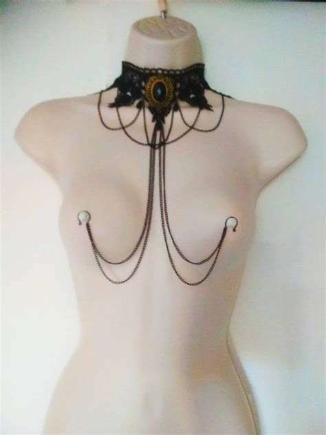 Black Necklace With Layered Nipple Chain Sexy Domina Lingerie Intimate Jewelry Non Piercing