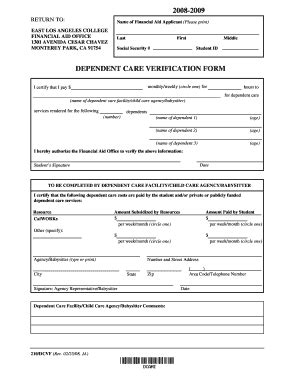 Fillable Online Elac 2008 2009 DEPENDENT CARE VERIFICATION FORM East