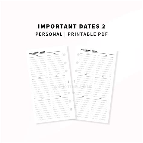 Important Dates Printable Templates Personal Planner Inserts Etsy