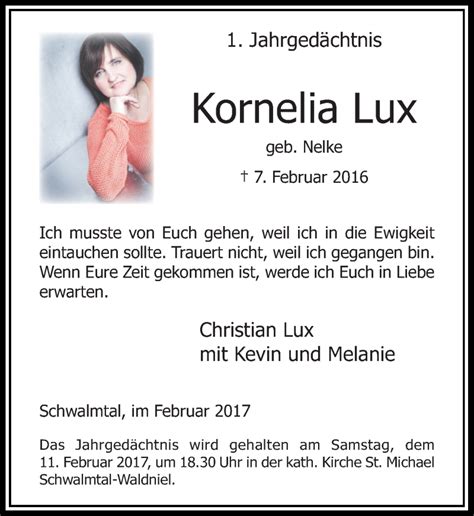 Alle Traueranzeigen F R Kornelia Lux Trauer Rp Online De