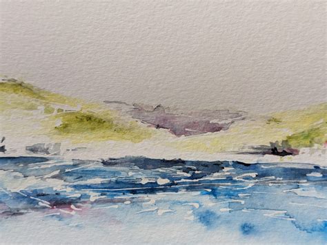 Coastal Watercolour Painting Bright Seas And Light Filled Hills