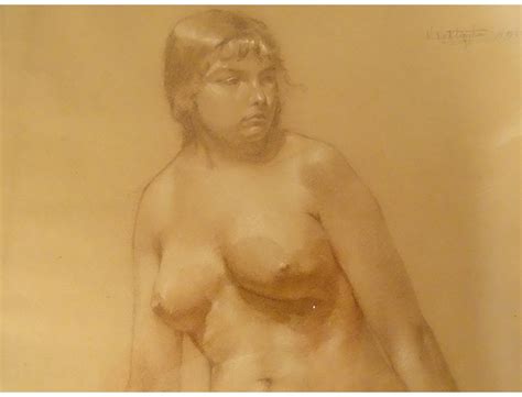 Large Charcoal Drawing Portrait Study Of Nude Woman Model By Vliegher 1925 20th Century