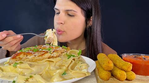 Chicken Alfredo Pasta And Mozzarella Sticks Mukbang Asmr Eating