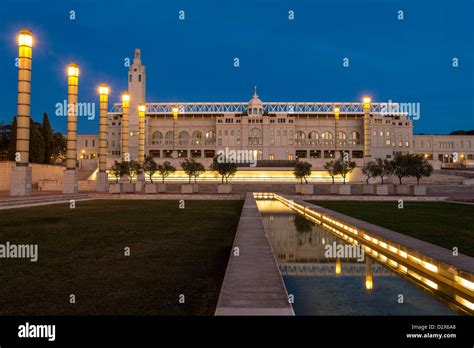 Estadi Olímpic Lluís Companys or Olympic Stadium at night, Barcelona ...