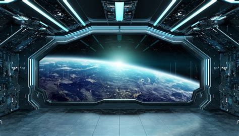 Premium Photo | Dark blue spaceship futuristic interior with window view on planet Earth 3d ...