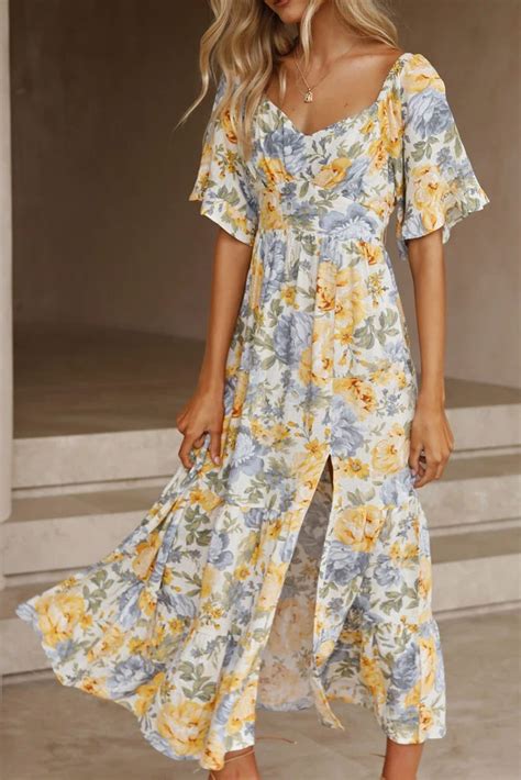 Floral Print Flutter Sleeve Maxi Dress With Split