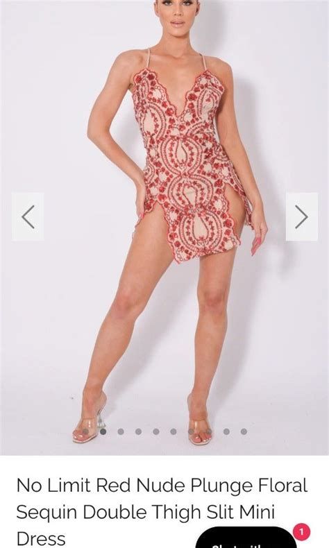 Red Nude Plunge Sequin Double High Slit Mini Dress On Carousell