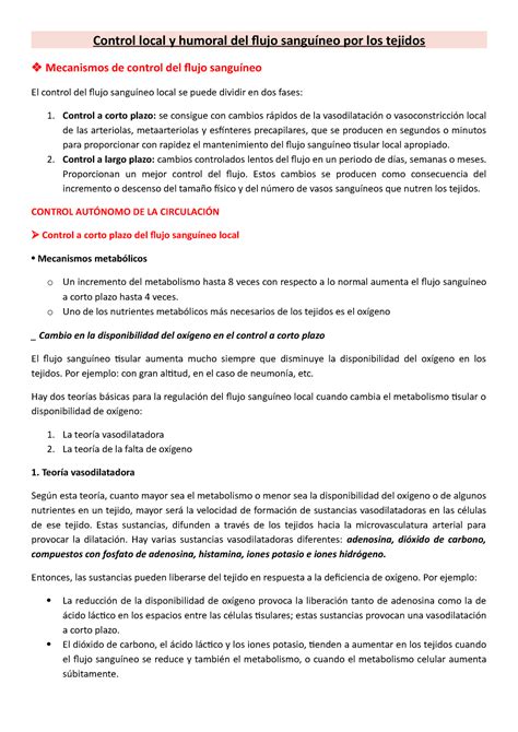 Control local y humoral del flujo sanguíneo por los tejidos resumen