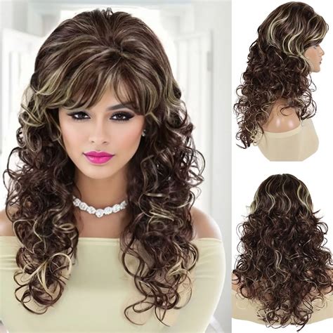 Gnimegil Synthetic Mommy Wigs For Women Long Curly Hair Wig With Bangs