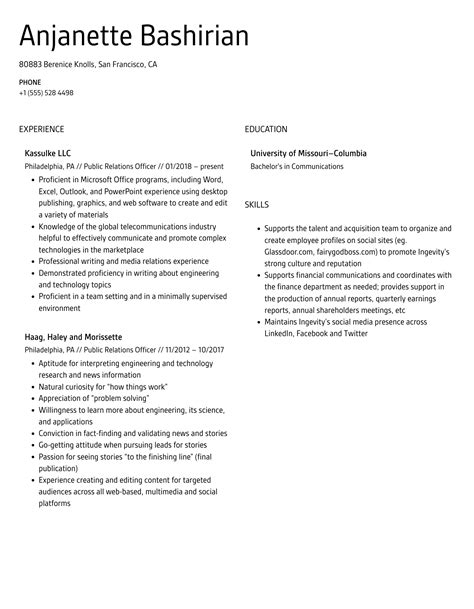 Public Relations Officer Resume Samples | Velvet Jobs