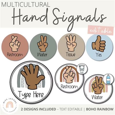 Boho Rainbow Hand Signals Posters Editable Neutral Rainbow Etsy Classroom Jobs Display