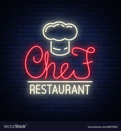 A Neon Sign That Says Chef Restaurant On The Brick Wall With An Image