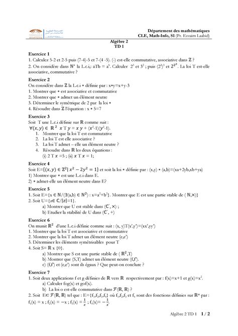 TD1 Chapitre 1 Algebre 2 Algèbre 2 TD 1 1 2 Département des