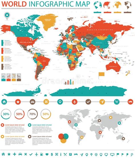 Politische Farbige Weltkarte Zeigerinformation Grafisch Stock Abbildung