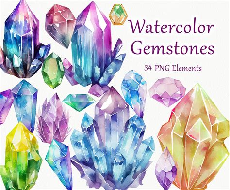 Watercolor Gemstones Clipart Colourful Crystal Clipart Crystals