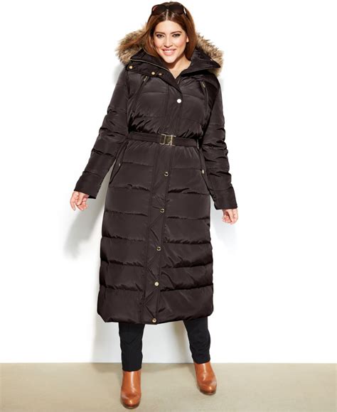 Michael Kors Michael Plus Size Hooded Faux Fur Trim Belted Down Maxi