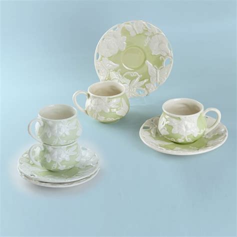 Coastline Imports Morning Glory Butterfly Teacup And Saucer Set Of 4