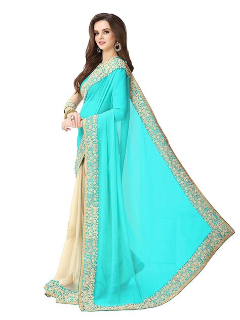 Buy Glory Sarees Turquoise Georgette Embroidered Saree With Blouse