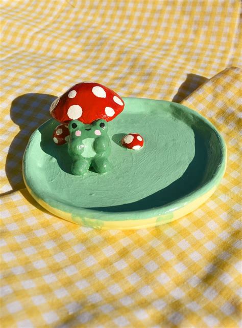 Hand Painted Ceramic Frog Dish Plate Tray With Mushroom Made With Clay