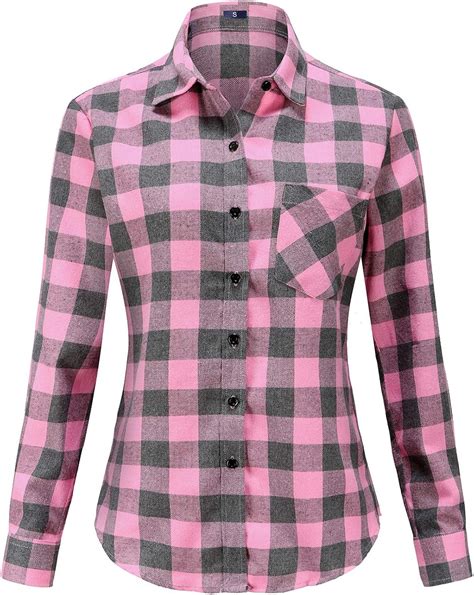 Women Buffalo Flannel Plaid Shirts Long Sleeve Button Down Blouses Pink