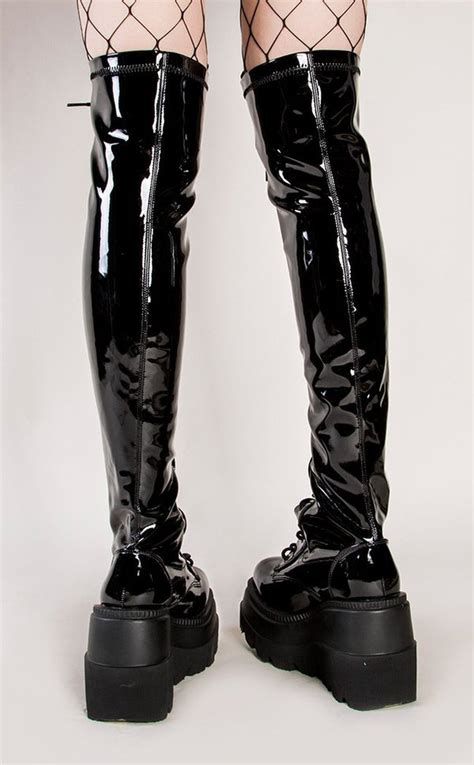 Demonia Shaker 374 Patent Thigh High Boots Gothic Shoes Australia