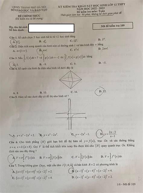 Đề thi thử môn toán THPT Quốc Gia TP Hà Nội 2023 có đáp án