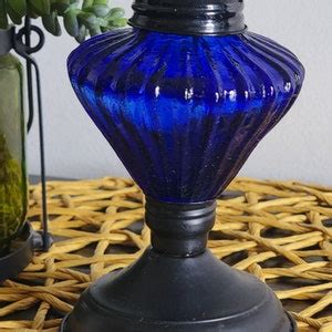 Vintage Mcm Cobalt Blue Glass Oil Lamp Hong Kong Etsy