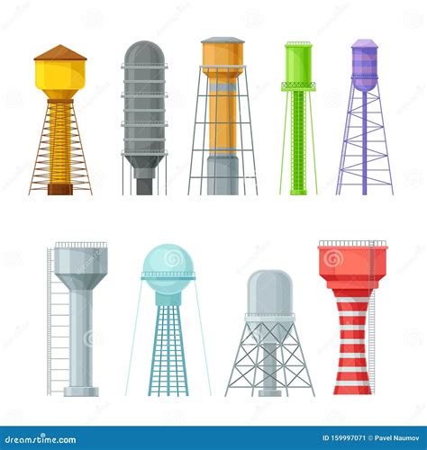 Set of Vector Illustrations of Water Towers of Different Colors and ...