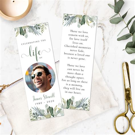 Greenery Funeral Bookmark Template Simple Eucalyptus Obituary Etsy