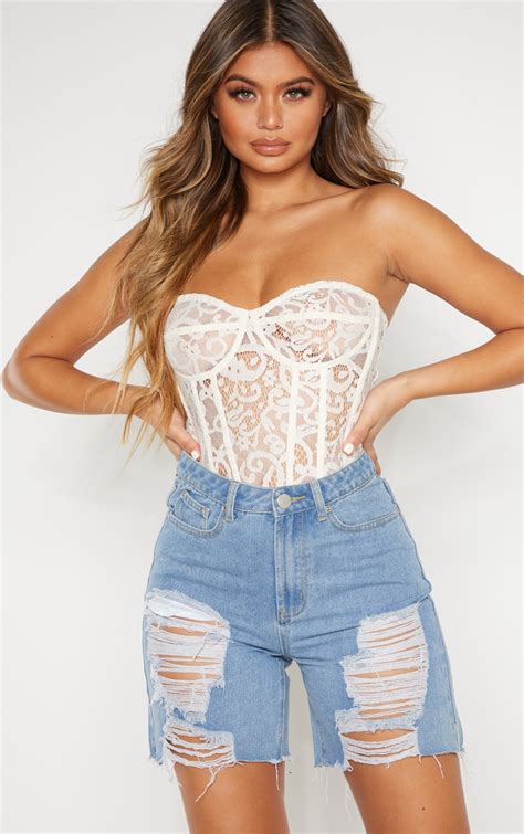 White Sheer Lace Structured Corset Top | PrettyLittleThing CA