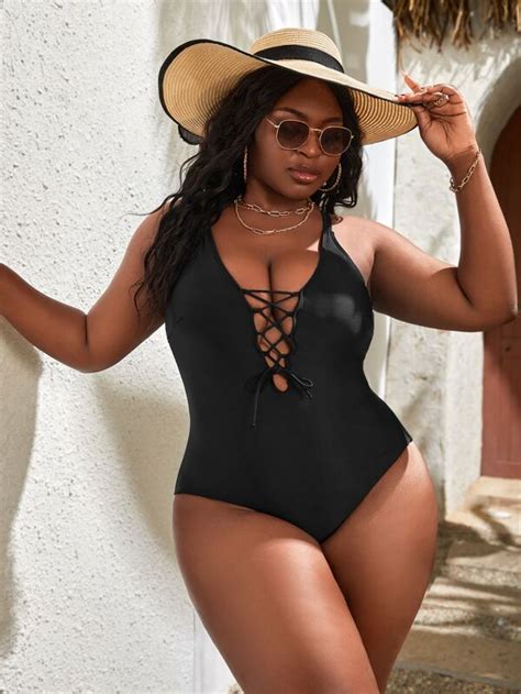 Shein Shein Swim Bae Plus Lace Up Front One Piece Swimsuit Shein Usa