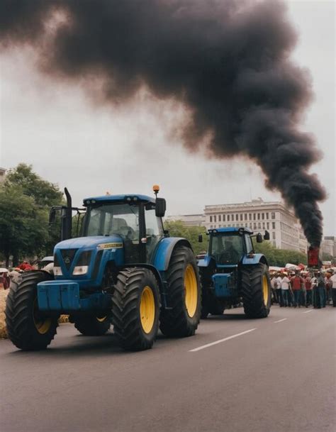 Farmers Blocked Traffic With Tractors During A Protest Premium AI