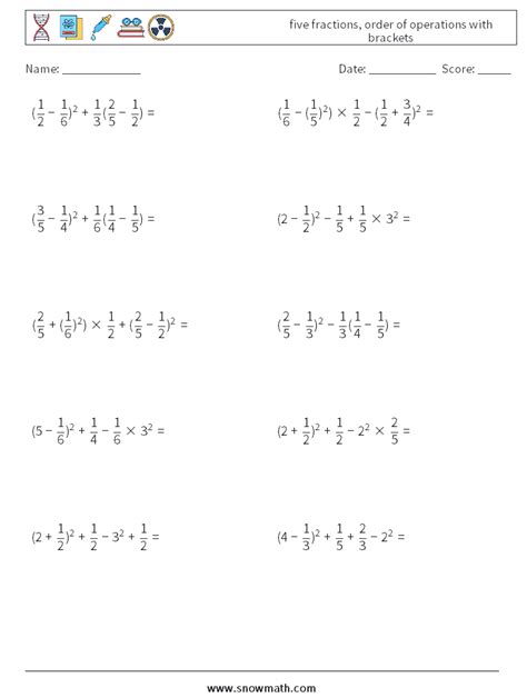 Five Fractions Order Of Operations With Brackets Math Worksheets Math