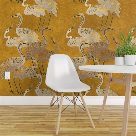 Pre Pasted Wallpaper Ft Wide Art Deco Cranes Golden Birds Gold