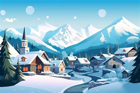 Premium AI Image | A snowy village with a mountain landscape in the background.