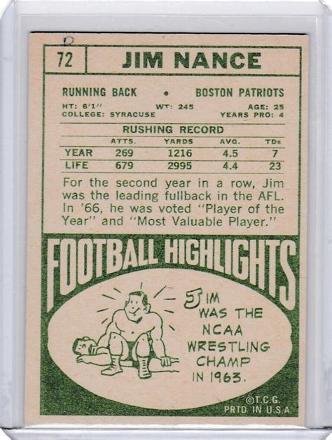 Am Topps Football Card Jim Nance Boston Patriots Ink Back