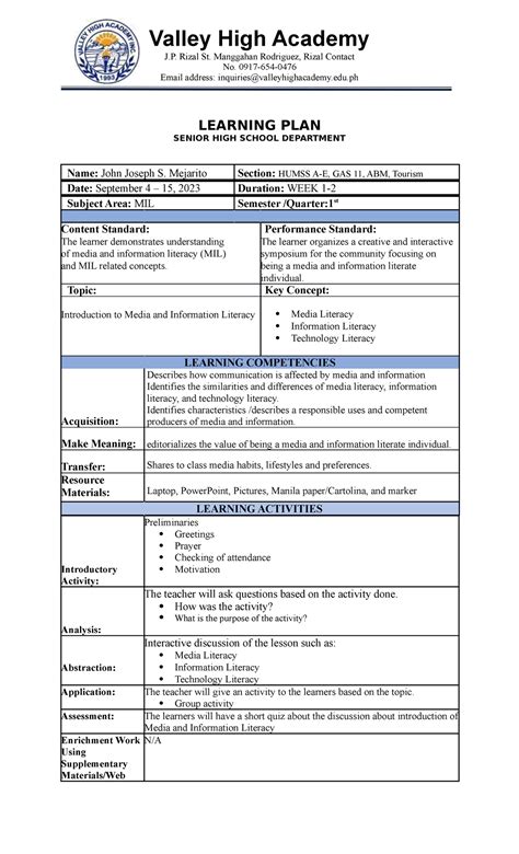 Learning PLAN-SHS-MIL-WEEK1-2 - Valley High Academy J. Rizal St
