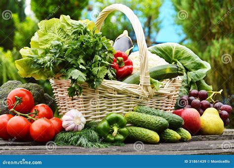 Fresh Organic Vegetables In Wicker Basket In The Garden Stock Image