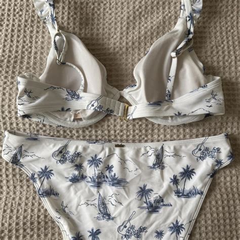 White And Blue Bikini Set Beachwear Hollister Depop