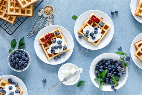 Traditional Belgian Waffles with Cream Cheese and Fresh Blueberry on ...