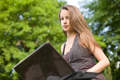 Brunette Cutie And Her Laptop Stock Photo Image Of Internet Pretty