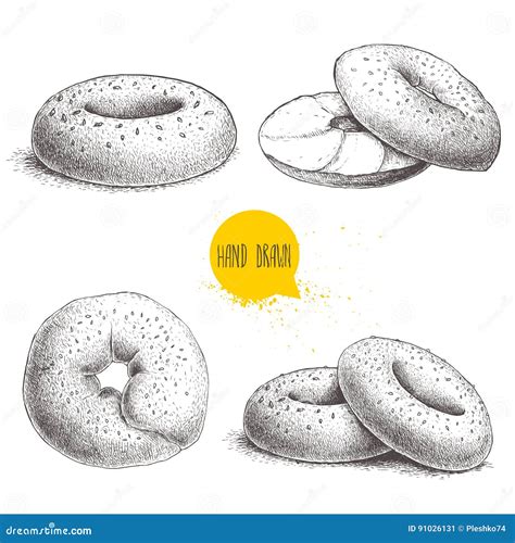 Hand Drawn Sketch Style Sesame Bagels Set On White Background. Bagel ...