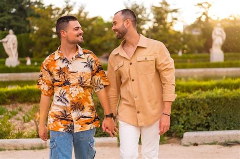 Premium Photo Romantic Portrait Of Gay Newlyweds Walking In The Sunset In A Park In The City