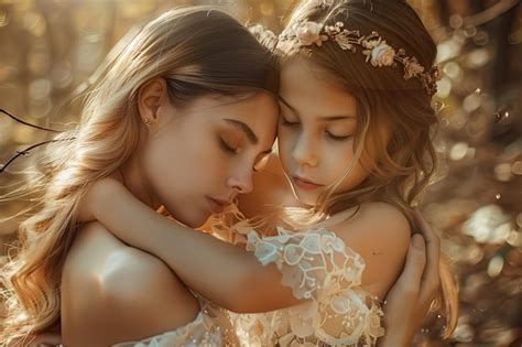 Mother And Daughter Embrace In Nature Beauty Premium Ai Generated Image