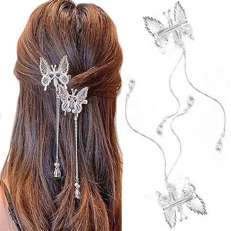 Bartosi Butterfly Clips Hair Silver Hair Barrettes Fluttering Tassel Hair